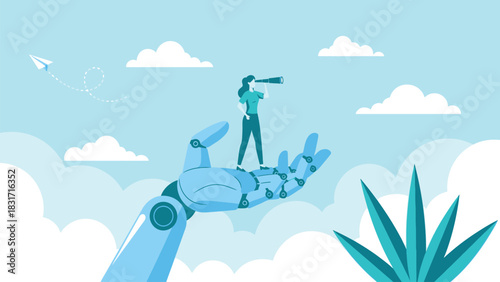 Woman on Robotic Hand Looking Through Telescope Searching for Future Opportunities. AI Support and Technological Guidance Concept Vector Illustration.