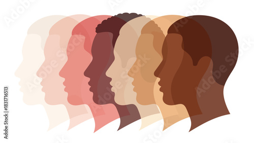 Human Head Profiles Showing Skin Tone Diversity and Racial Equality. Vector illustration of overlapping silhouettes demonstrating inclusion and different races.