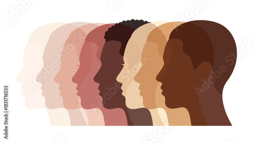 Human profiles skin tone gradient vector illustration. Spectrum of diversity, race, and ethnicity.