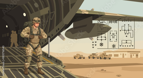 Illustration of military personnel unloading an aircraft for a desert mission
