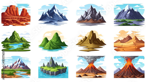 Diverse Vector Mountain and Landscape Collection: Desert, Volcano, Snow, and Green Hills Icons