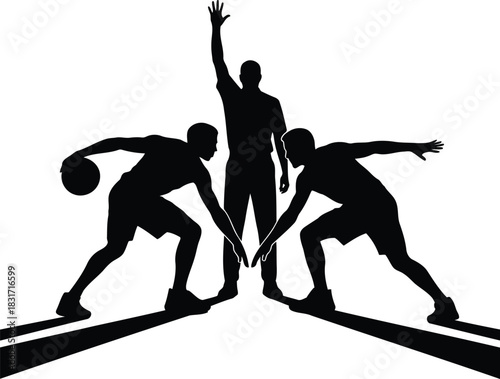 Dynamic silhouette illustration of a basketball game with players and a referee in action representing competitive sports spirit
