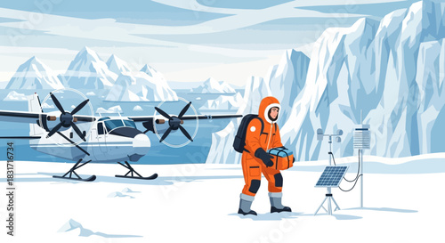 Antarctic Research Team and Aircraft Amidst Glacial Landscape Illustration