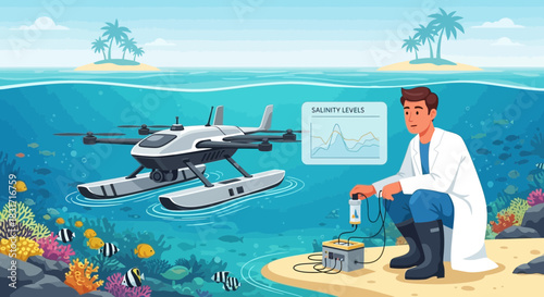 Aquatic drone monitoring ocean health and salinity with a marine biologist
