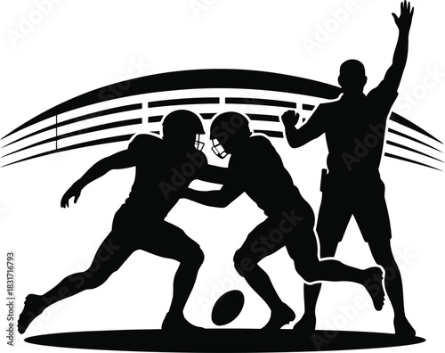 Silhouette of American football players tackling with a coach against a stadium background