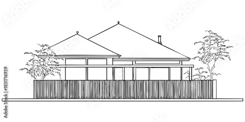 Modern house illustration with minimalist design, garden, and fence. Perfect for architecture or real estate themes in linear design.