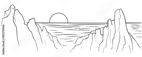 Ocean landscape illustration with cliffs and sunset. Suitable for travel, nature, and adventure themes in linear design.