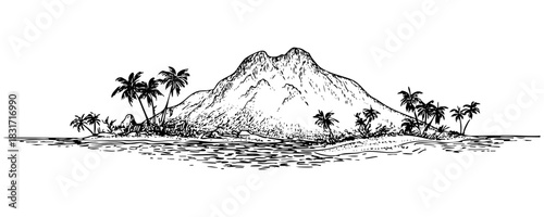 Tropical island illustration with palm trees. Perfect for nature, vacation, and travel themes in linear design or educational projects.