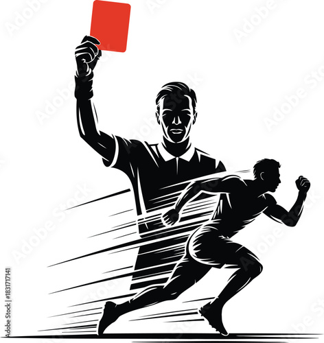 Soccer referee issues a red card penalty, expelling a sprinting player from the game
