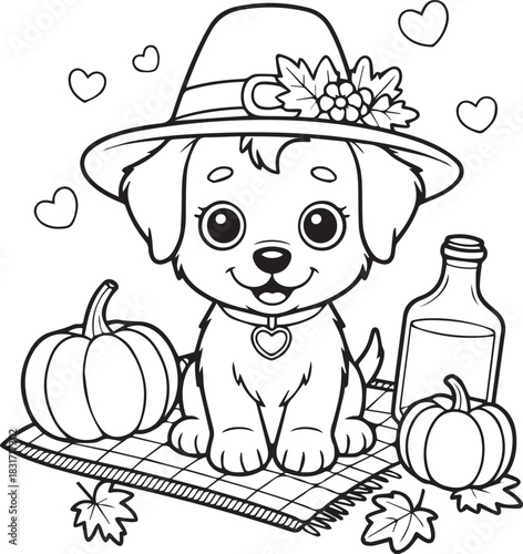 Cartoon puppy wearing pilgrim hat sits beside pumpkins and a bottle on a woven mat