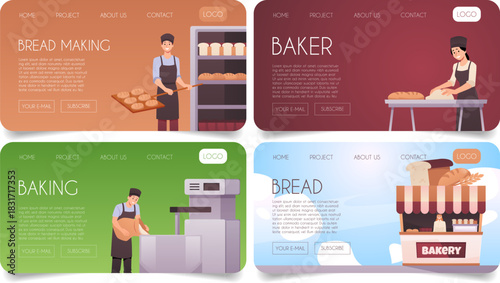 Set of banners for a bakery website with bakers, equipment, cooking process, street stall.