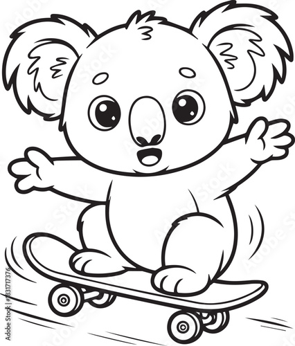 Cute Koala Bear Rides a Skateboard Joyfully and Cheerfully in Black and White