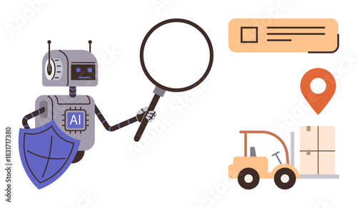 Robot holding magnifying glass, shield for protection, and analyzing logistics. Forklift, package, location pin, and monitoring dashboard. Ideal for AI, security logistics optimization automation