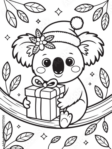 Cute Koala with a Hat Holding a Gift on a Branch with Leaves Outline