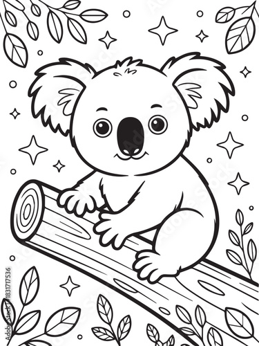 Outline drawing shows a cartoon koala sitting on a log with stars and leaves