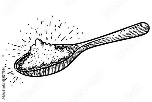 Sketch illustration of spoonful. Featuring sugar, salt, spice, ingredient, seasoning. Food for kitchen, cooking, eating, flavoring. Ingredient, nutrition.