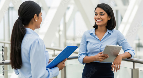 Two professional Indian businesswomen in formal attire have a friendly conversation in a modern office corridor, holding a tablet and documents.