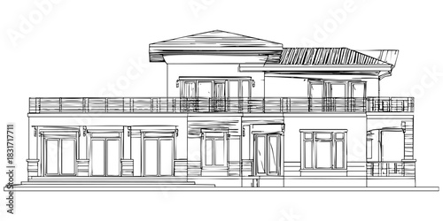 Modern house exterior plan sketch. Architectural structure, villa design. Residential building vector art illustration plan blueprint