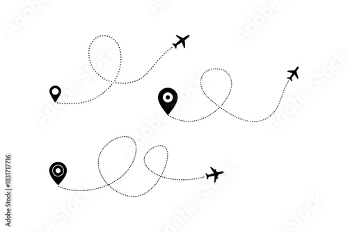 Airplane Flight Route Path with Dotted Line Trace Vector Illustration