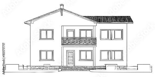 Modern house exterior plan sketch. Architectural structure, villa design. Residential building vector art illustration outline blueprint