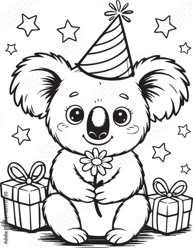 Smiling koala wearing a party hat holds a daisy near presents and stars for coloring