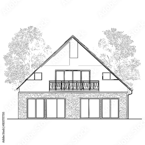 Modern house exterior sketch. Architectural structure, villa design. Residential building vector art illustration with tree outline
