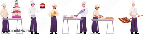 Set of chef characters in the process of cooking, kneading, baking, demonstrating.