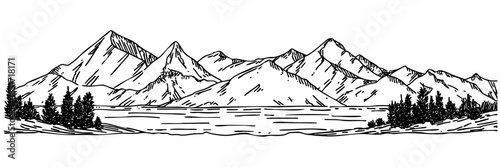 Hand drawn sketch of mountains and forest at lakeside nature landscape drawing and vector art illustration elements