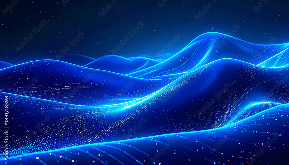 Obraz premium 青い粒子の波が優雅に流れる深い夜空の抽象背景