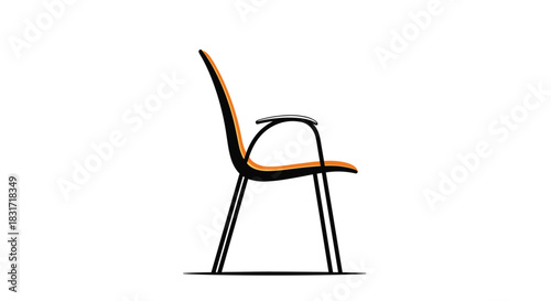 Modern chair drawn with clean lines and orange accents highlighting the seat and backrest creating a stylish minimalist silhouette.
