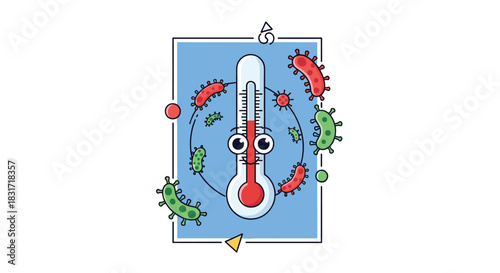 Cartoon illustration of a thermometer surrounded by bacteria highlighting fever and the importance of hygiene and preventive care to keep people healthy.