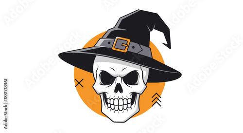 Stylized skull wearing a tall witch hat with a buckle and a mischievous grin against a bright orange circle for a bold Halloween graphic.
