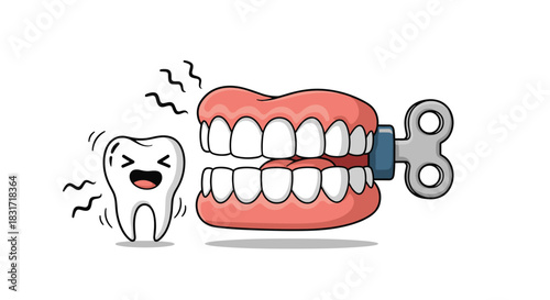 Playful cartoon tooth stands beside a large set of dentures with a keylike handle showing anxiety about dental care and a humorous reminder to visit dentist.