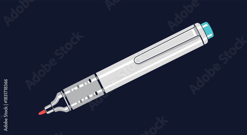 Marker pen with a gray body and blue cap lies diagonally on a dark blue background showing its slim design and smooth writing for everyday tasks and ideas.