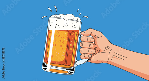 Cheering hand holds a frosty beer mug with thick foam overflowing as golden bubbles rise creating a moment of celebration and refreshment.