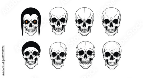 Eight skull icons arranged in two rows with varied hair styles forming a bold monochrome collage for Halloween themed designs and edgy graphic projects.