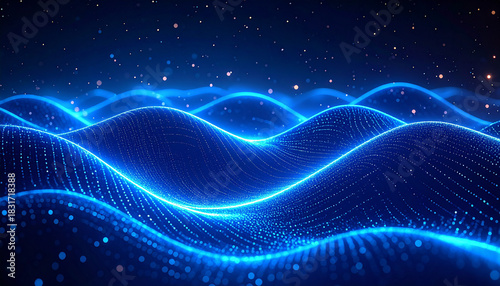 Fototapeta Naklejka Na Ścianę i Meble -  青い粒子の波が夜空に浮かぶデジタル抽象背景