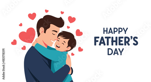 Father and young child share a warm embrace amid floating hearts capturing a tender moment of love and gratitude on a bright celebration of fatherhood.