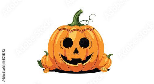 Bright orange jack o lantern with a carved smiling face sits against a plain background creating a playful Halloween pumpkin display.