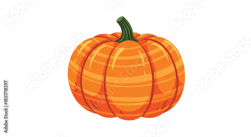Bright orange pumpkin with deep curved ridges and a short green stem sits alone on a clean white background in a vivid illustration.
