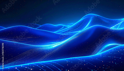 Fototapeta Naklejka Na Ścianę i Meble -  青い粒子の波が優雅に流れる深い夜空の抽象背景