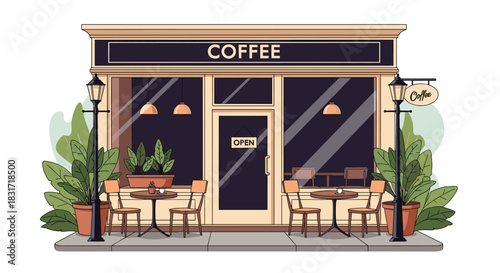 Cozy coffee shop storefront with large glass windows outdoor seating warm pendant lights potted plants vintage street lamps and a calm sidewalk.