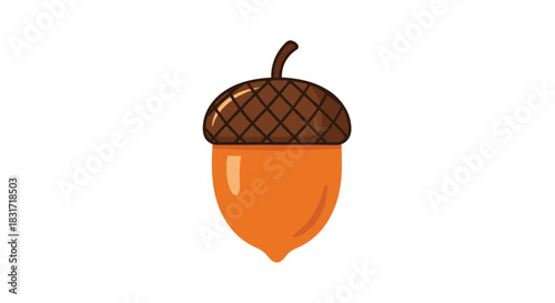 Nutshell shaped acorn with a checkered dark brown cap and bright orange body resting on a clean white background for a playful natural symbol.
