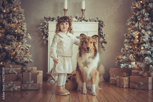 Hübsches kleines Mädchen mit Locken steht mit ihrem rough Collie sable vor dem Weihnachtsbaum zu Weihnachten, Abendstimmung mit Lichtern Var.