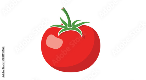 Vibrant red tomato illustration features a glossy highlight green calyx and stem on a clean white background highlighting fresh color and juicy texture.