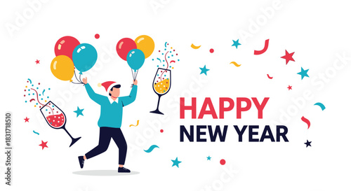 Joyful figure in a blue sweater raises balloons and a champagne glass as confetti and stars celebrate a bright new year moment with festive energy and cheers.