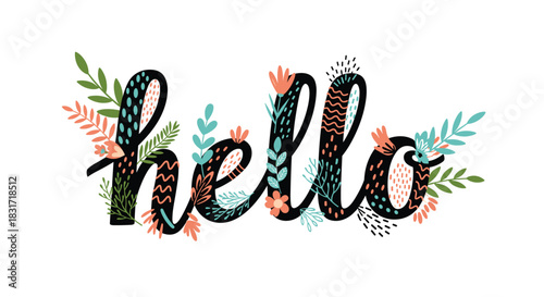 Decorative floral script spelling the word hello in a whimsical style. 