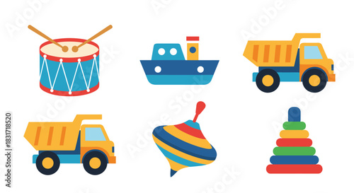 Colorful collection of classic children's toys featuring a drum a boat a dump truck a spinning top and a rainbow stacker.