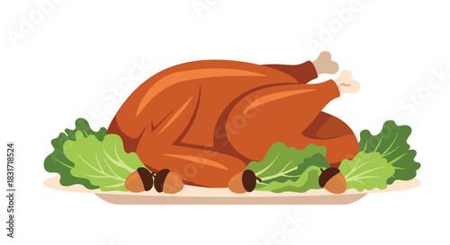 Perfectly roasted turkey rests on a platter surrounded by fresh greens and chestnuts for a warm festive family feast and seasonal celebration.