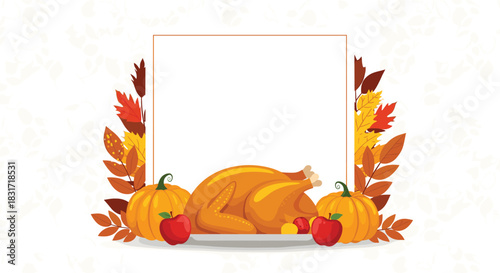 Autumn harvest scene featuring a roasted turkey pumpkins apples and colorful fall leaves surrounding a central blank frame for a seasonal message.